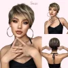 Short pixie wig in ash blonde with dark roots, natural layered cut, front, side, and back view