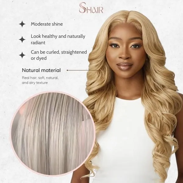High-quality human hair wig styled in soft waves, offering a natural look with smooth texture and long-lasting durability