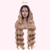 Super Long Body Wave Lace Front Wig – Synthetic Side Part Wig for Women in Dark Brown & Ombre Blonde - Image 3